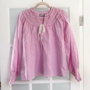 CK Bradley Pink White Stripes Smocked Cuffs Neck Tie Tassels size Small